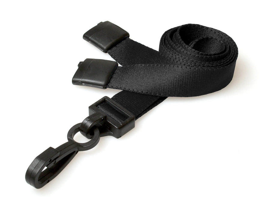 Plain Black 15mm Lanyards with Breakaway and Plastic J Clip (Pack of 100)