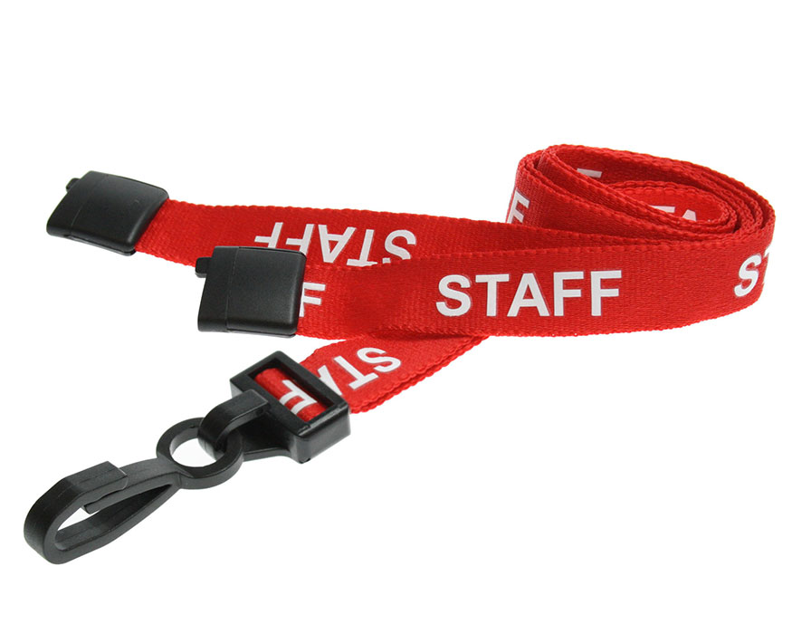 Red Staff Lanyards 15mm with Breakaway and Plastic J-Clip (Pack of 100)